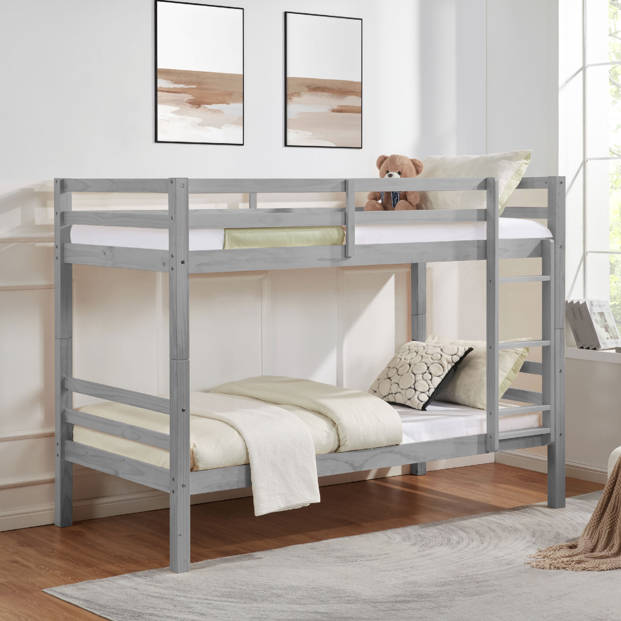 Twin Over Twin Bunk Bed With Thick Posts,Wooden Bunk Bed With High Guardrail And Ladder For Kids, Teens, Dorm Rooms, And Guest Rooms,No Box Spring Needed,Grey_voghion.com